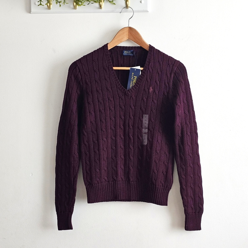 NWT Ralph Lauren Polo Cable Knit V-Neck Sweater Burgundy Red Cotton M